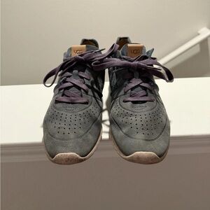 UGG Charcoal Blue Leather Sneakers with Plum Laces